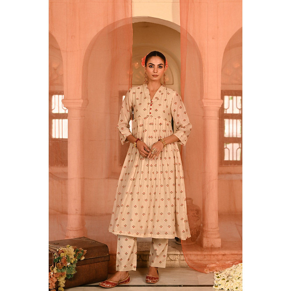 Baise Gaba Beige Jalmahal Floral Printed Anarkali Kurta with Pant and Dupatta (Set of 3)