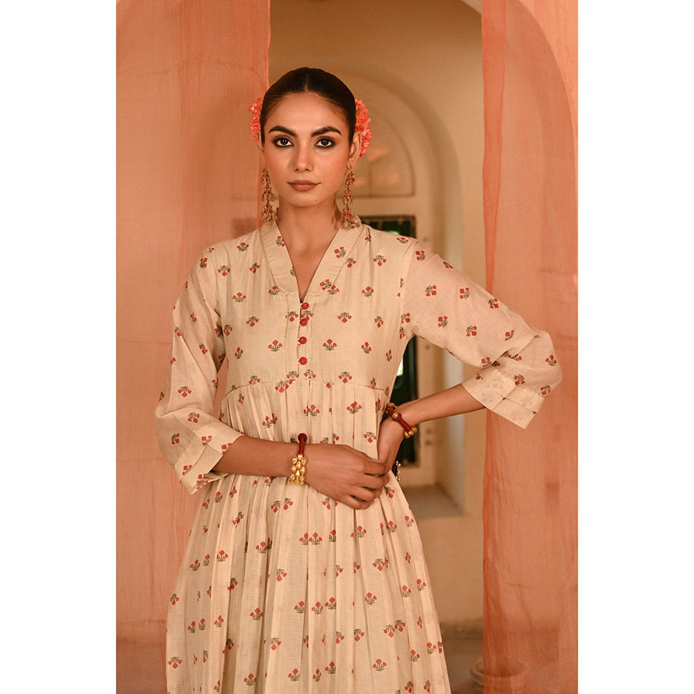 Baise Gaba Beige Jalmahal Floral Printed Anarkali Kurta with Pant and Dupatta (Set of 3)