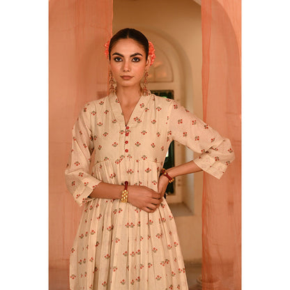 Baise Gaba Beige Jalmahal Floral Printed Anarkali Kurta with Pant and Dupatta (Set of 3)