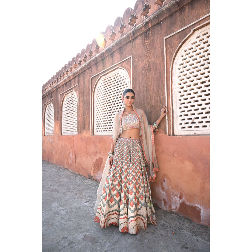 Baise Gaba Raas Mirror Work Blouse with Lehenga and Dupatta (Set of 3)