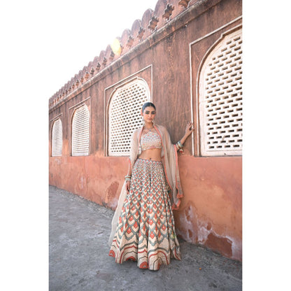 Baise Gaba Raas Mirror Work Blouse with Lehenga and Dupatta (Set of 3)