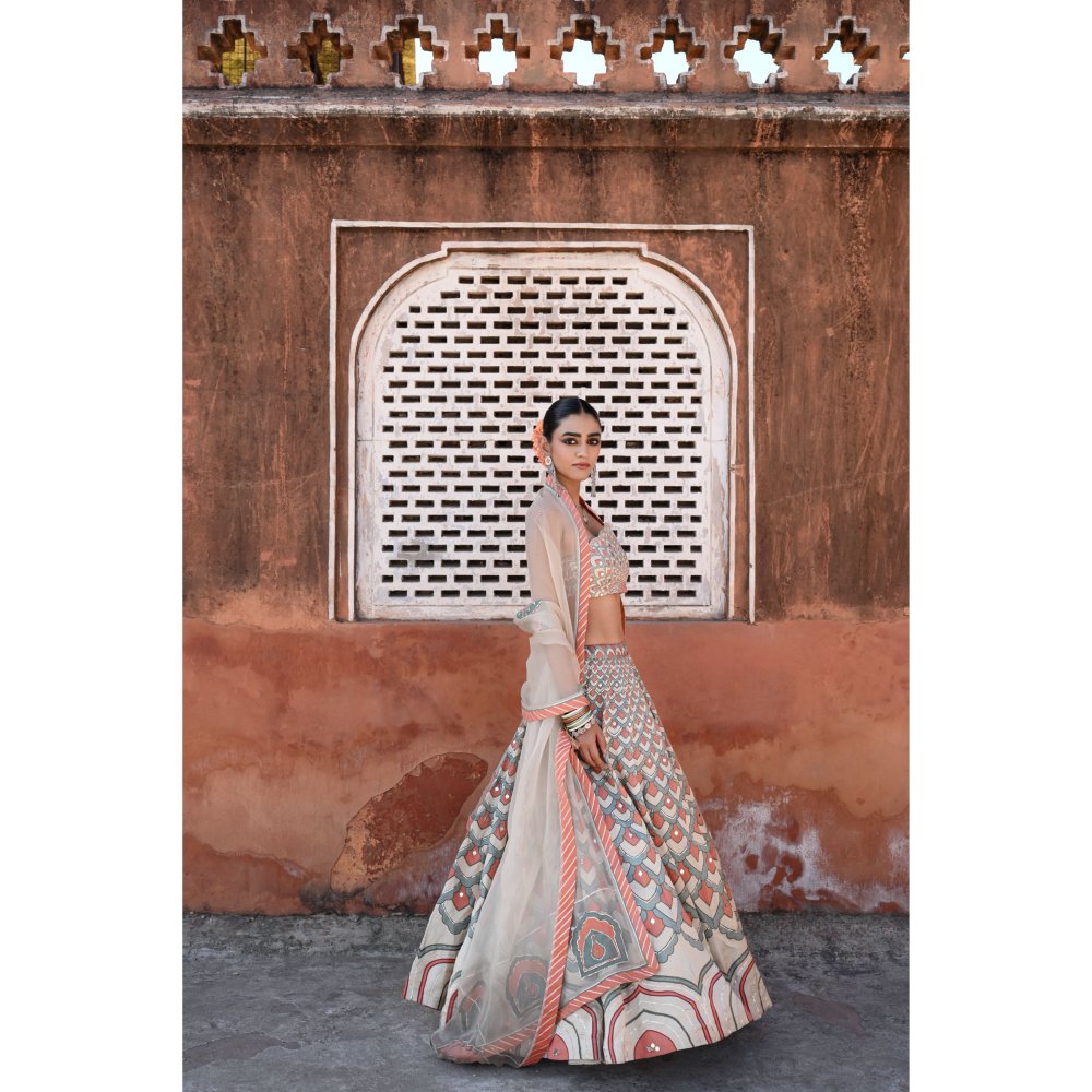 Baise Gaba Raas Mirror Work Blouse with Lehenga and Dupatta (Set of 3)