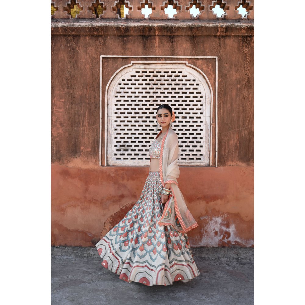 Baise Gaba Raas Mirror Work Blouse with Lehenga and Dupatta (Set of 3)