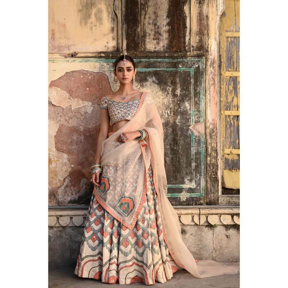 Baise Gaba Raas Mirror Work Blouse with Lehenga and Dupatta (Set of 3)