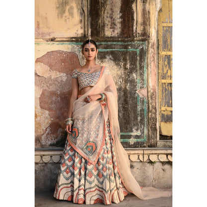Baise Gaba Raas Mirror Work Blouse with Lehenga and Dupatta (Set of 3)