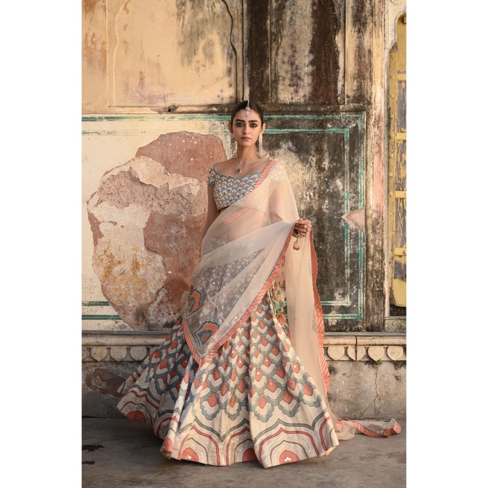 Baise Gaba Raas Mirror Work Blouse with Lehenga and Dupatta (Set of 3)