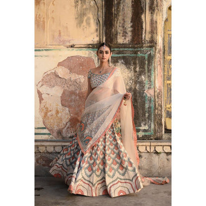 Baise Gaba Raas Mirror Work Blouse with Lehenga and Dupatta (Set of 3)