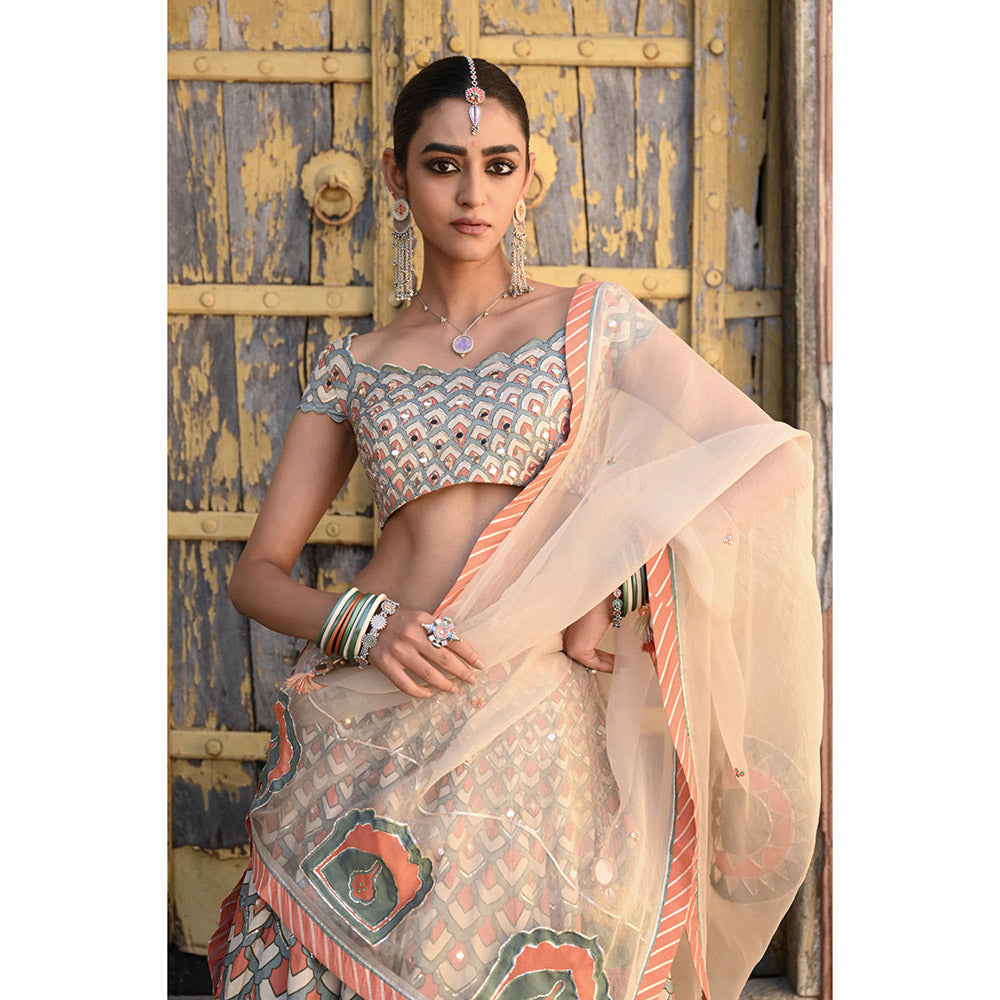 Baise Gaba Raas Mirror Work Blouse with Lehenga and Dupatta (Set of 3)