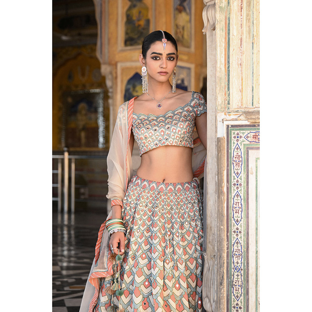 Baise Gaba Raas Mirror Work Blouse with Lehenga and Dupatta (Set of 3)