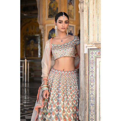 Baise Gaba Raas Mirror Work Blouse with Lehenga and Dupatta (Set of 3)