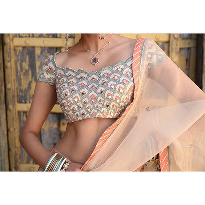 Baise Gaba Raas Mirror Work Blouse with Lehenga and Dupatta (Set of 3)