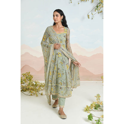 Baise Gaba Sunpetal Green Anarkali Kurta with Pant and Dupatta