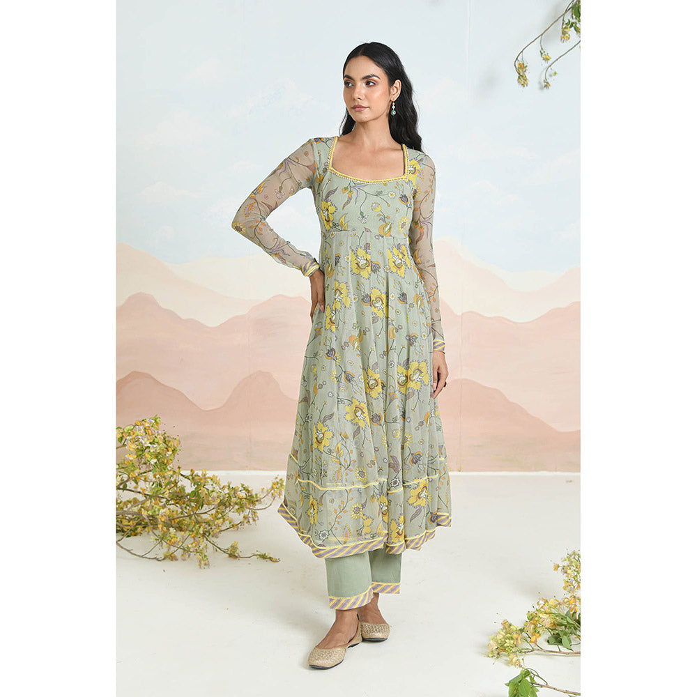 Baise Gaba Sunpetal Green Anarkali Kurta with Pant and Dupatta