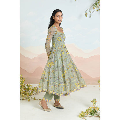 Baise Gaba Sunpetal Green Anarkali Kurta with Pant and Dupatta