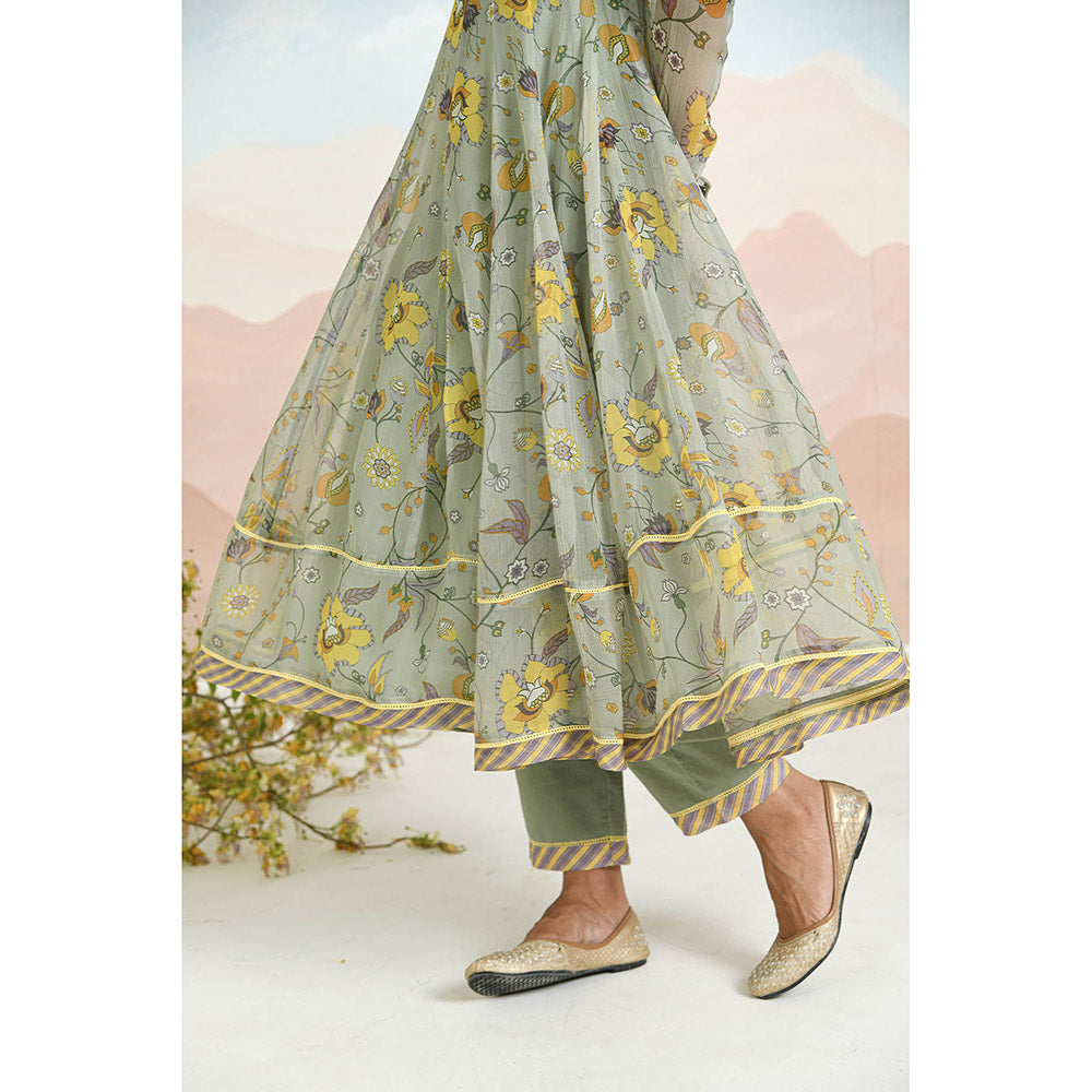 Baise Gaba Sunpetal Green Anarkali Kurta with Pant and Dupatta