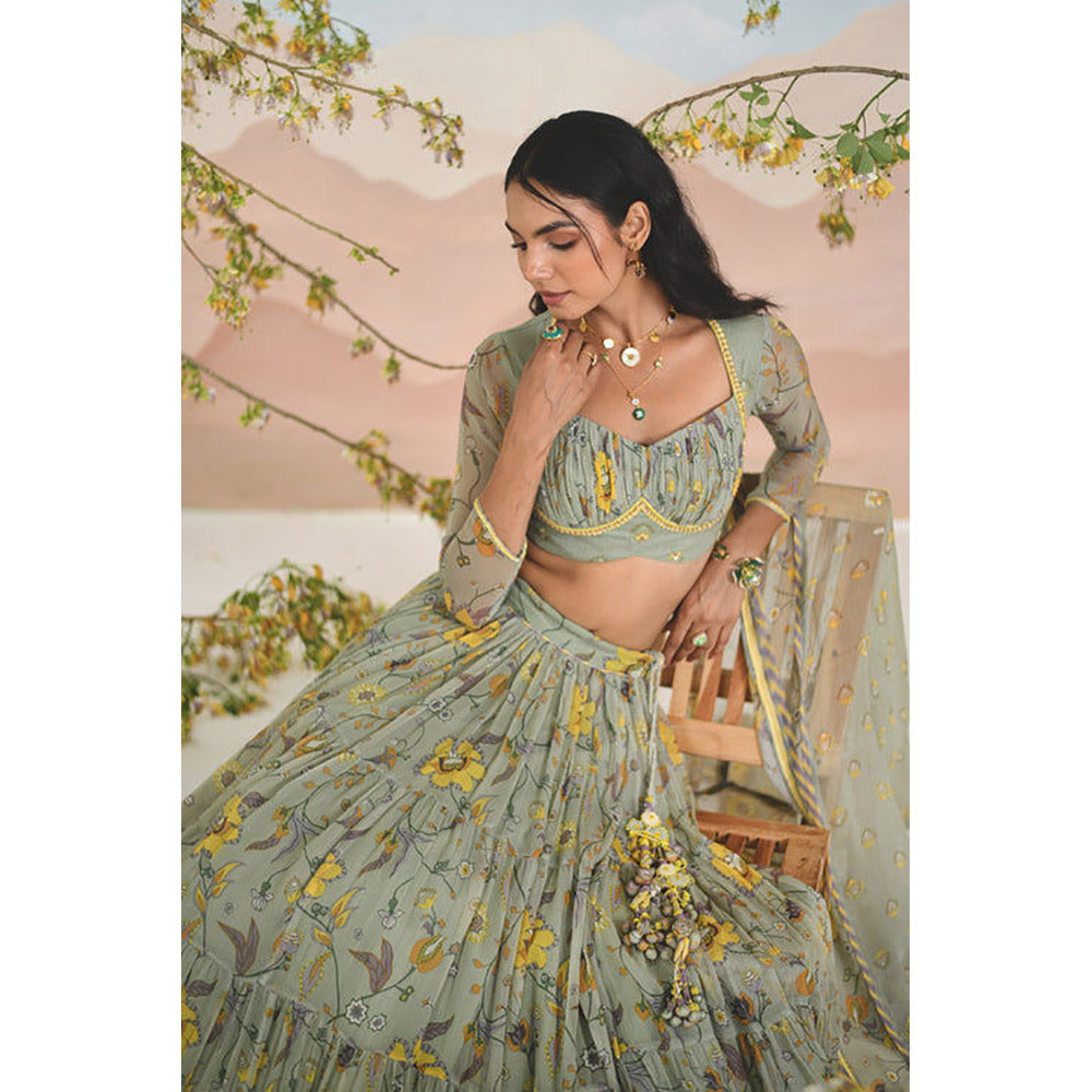 Baise Gaba Auralia Green Lehenga with Blouse and Dupatta