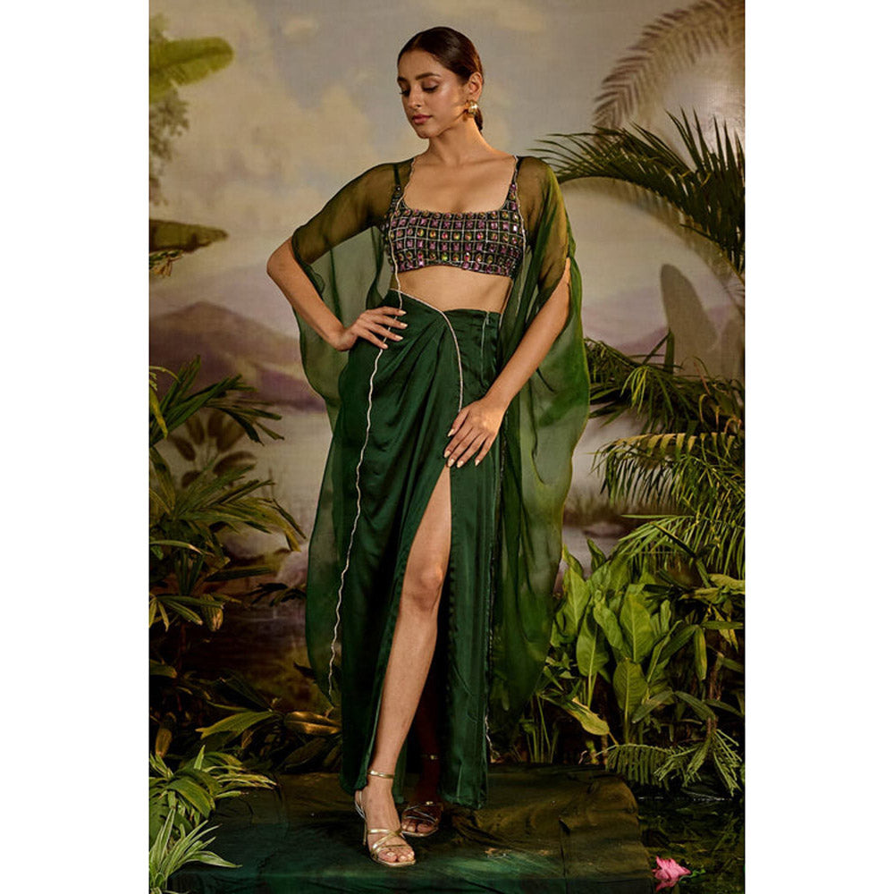 Baise Gaba Green Satin Embellished/Sequined Square Neck Sleeveless Blouse