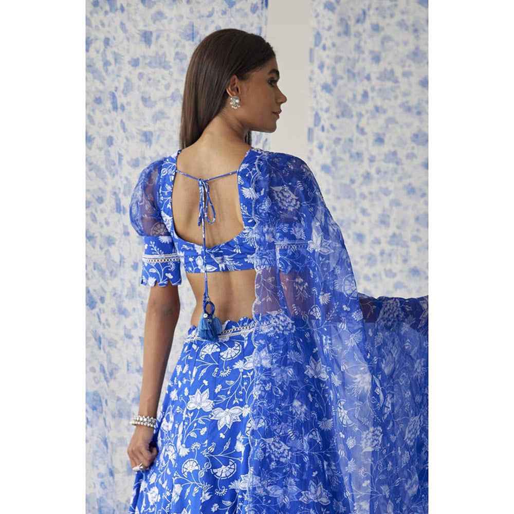 Baise Gaba Blue Organza Floral Round Neck Puff Sleeves Blouse