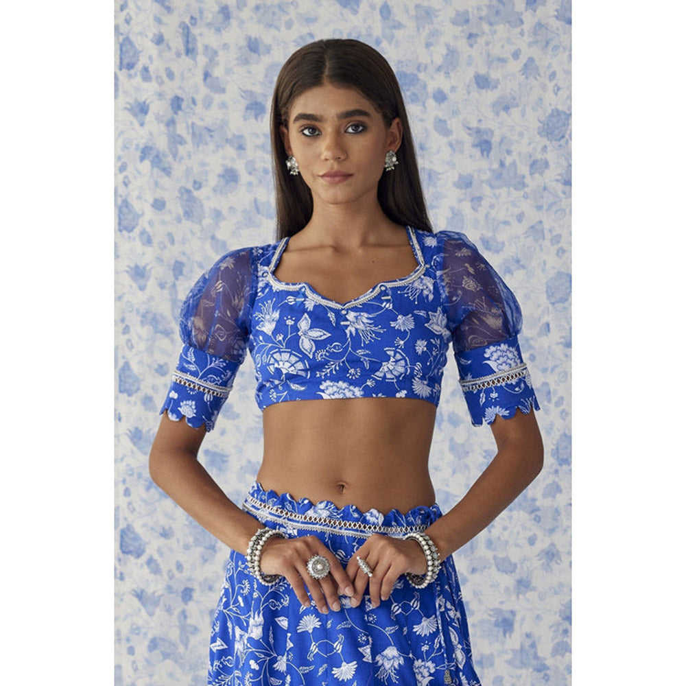 Baise Gaba Blue Organza Floral Round Neck Puff Sleeves Blouse