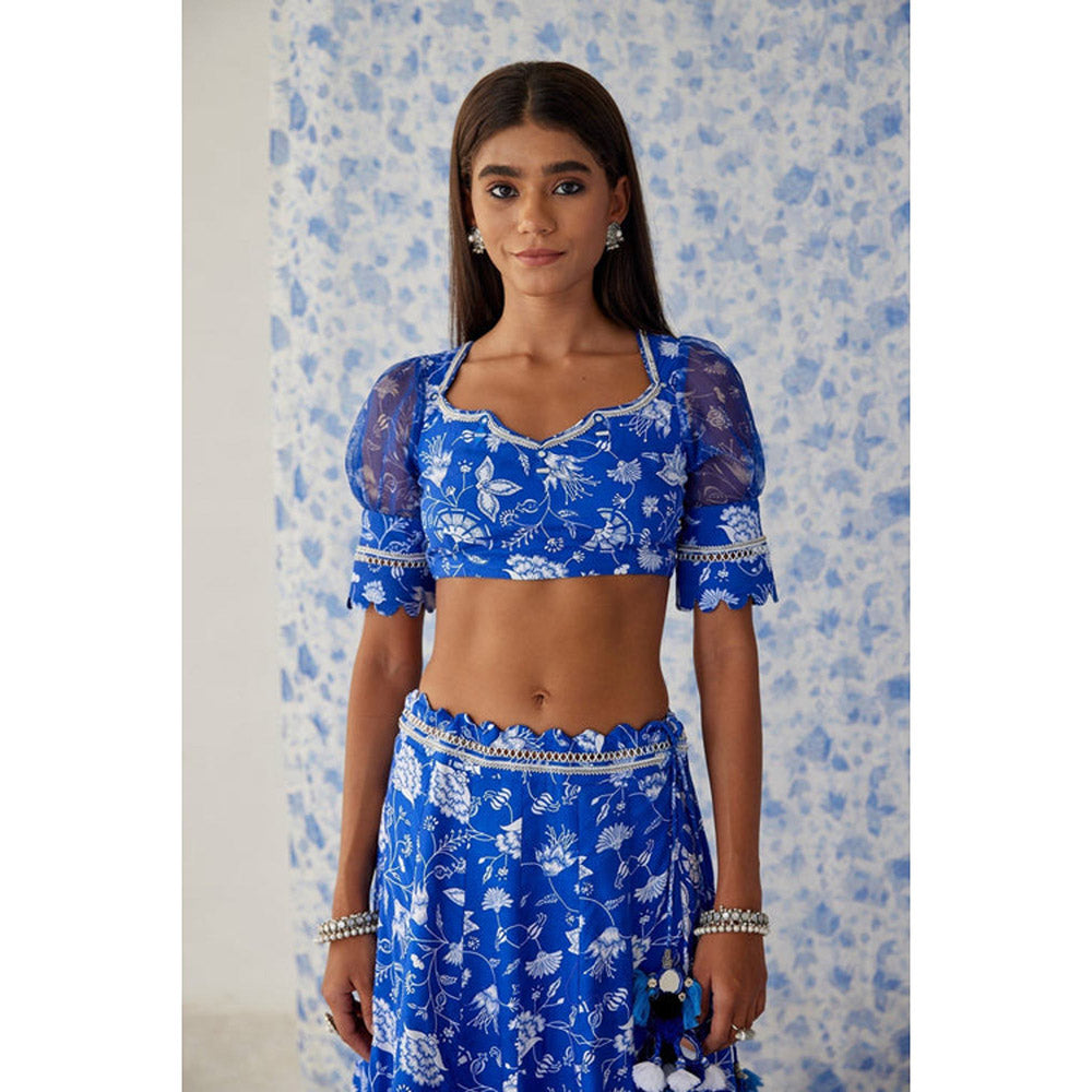 Baise Gaba Blue Organza Floral Round Neck Puff Sleeves Blouse