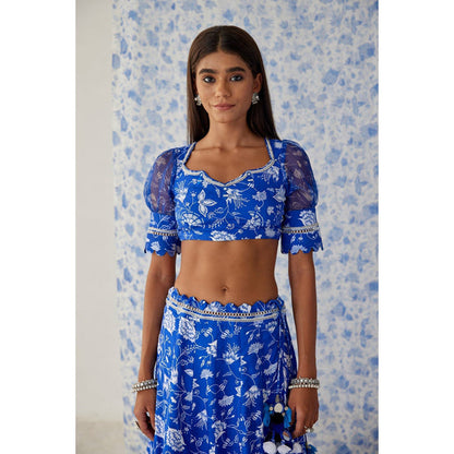 Baise Gaba Blue Organza Floral Round Neck Puff Sleeves Blouse