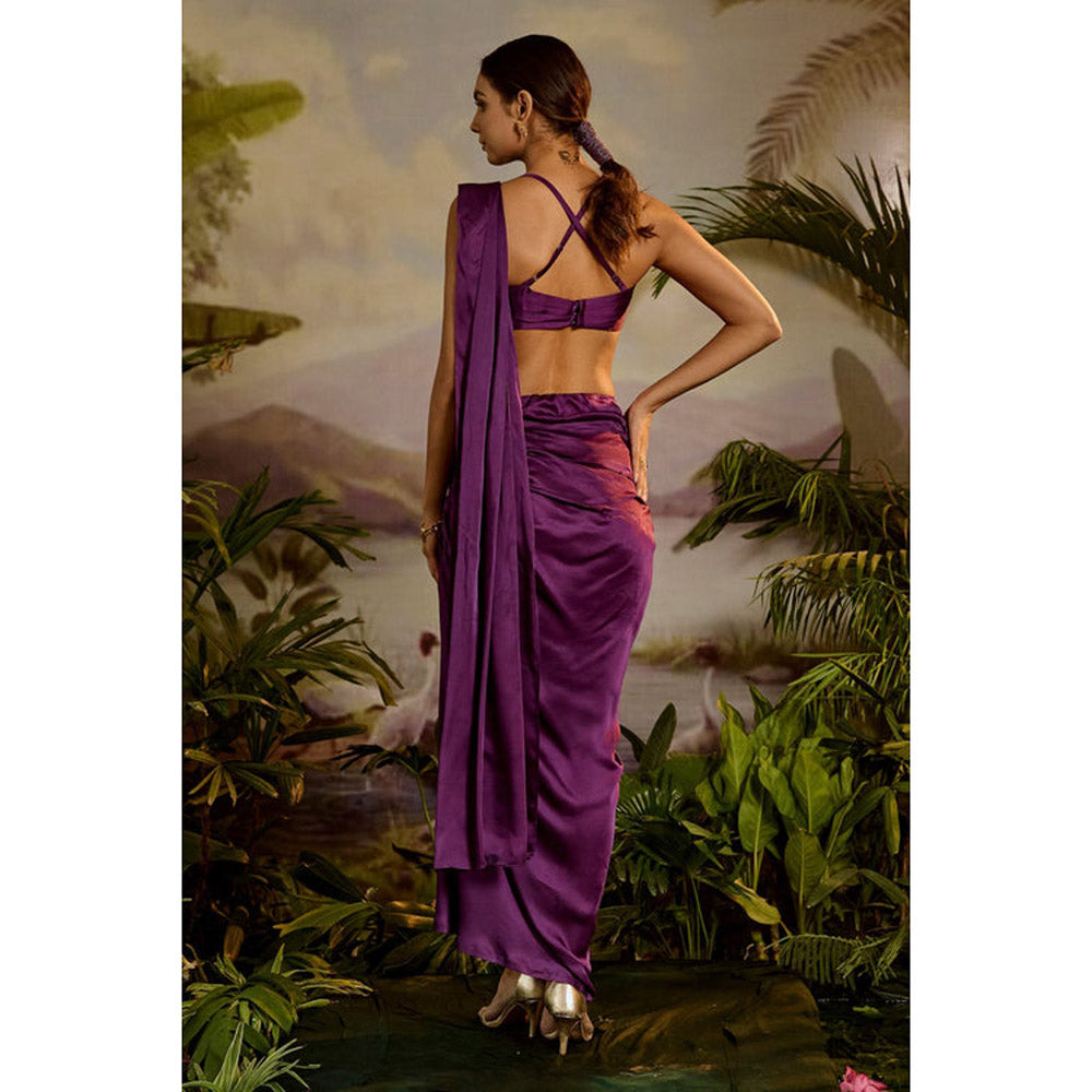 Baise Gaba Purple Satin Embroidered Halter Neck Sleeveless Blouse