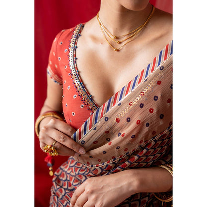 Baise Gaba Red Muslin Embroidered V-Neck Cap Blouse