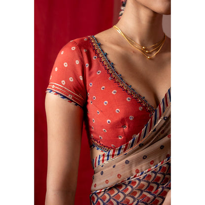 Baise Gaba Red Muslin Embroidered V-Neck Cap Blouse