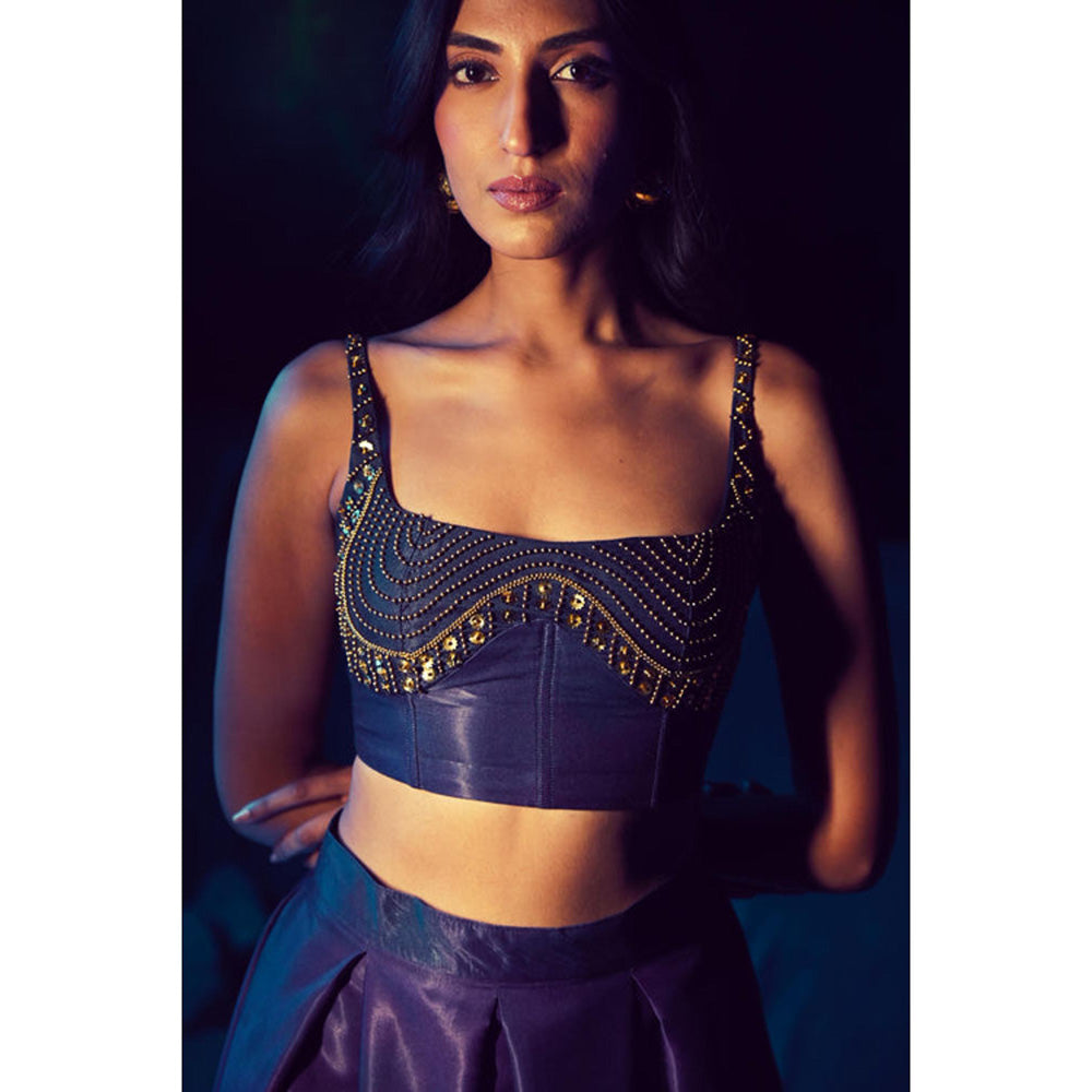 Baise Gaba Purple Satin Embellished/Sequined Square Neck Sleeveless Blouse