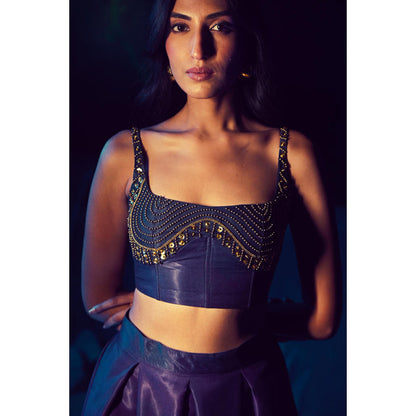 Baise Gaba Purple Satin Embellished/Sequined Square Neck Sleeveless Blouse