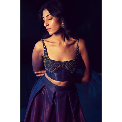 Baise Gaba Purple Satin Embellished/Sequined Square Neck Sleeveless Blouse