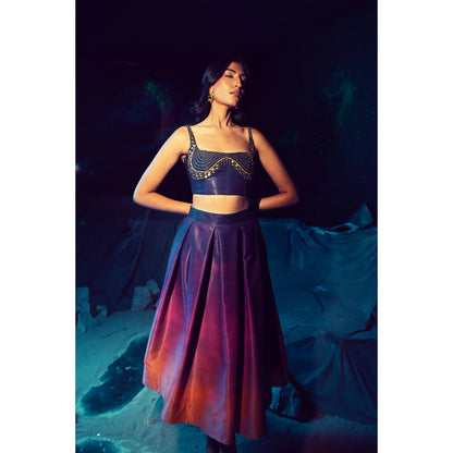 Baise Gaba Purple Satin Embellished/Sequined Square Neck Sleeveless Blouse
