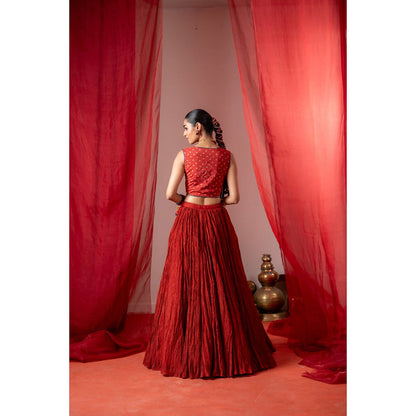 Baise Gaba Red Muslin Embroidered V-Neck Sleeveless Blouse