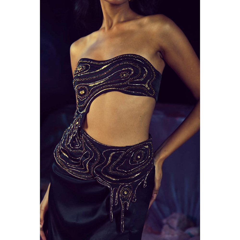 Baise Gaba Black Satin Embellished/Sequined Off Shoulder Sleeveless Blouse
