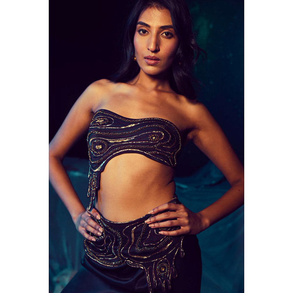 Baise Gaba Black Satin Embellished/Sequined Off Shoulder Sleeveless Blouse
