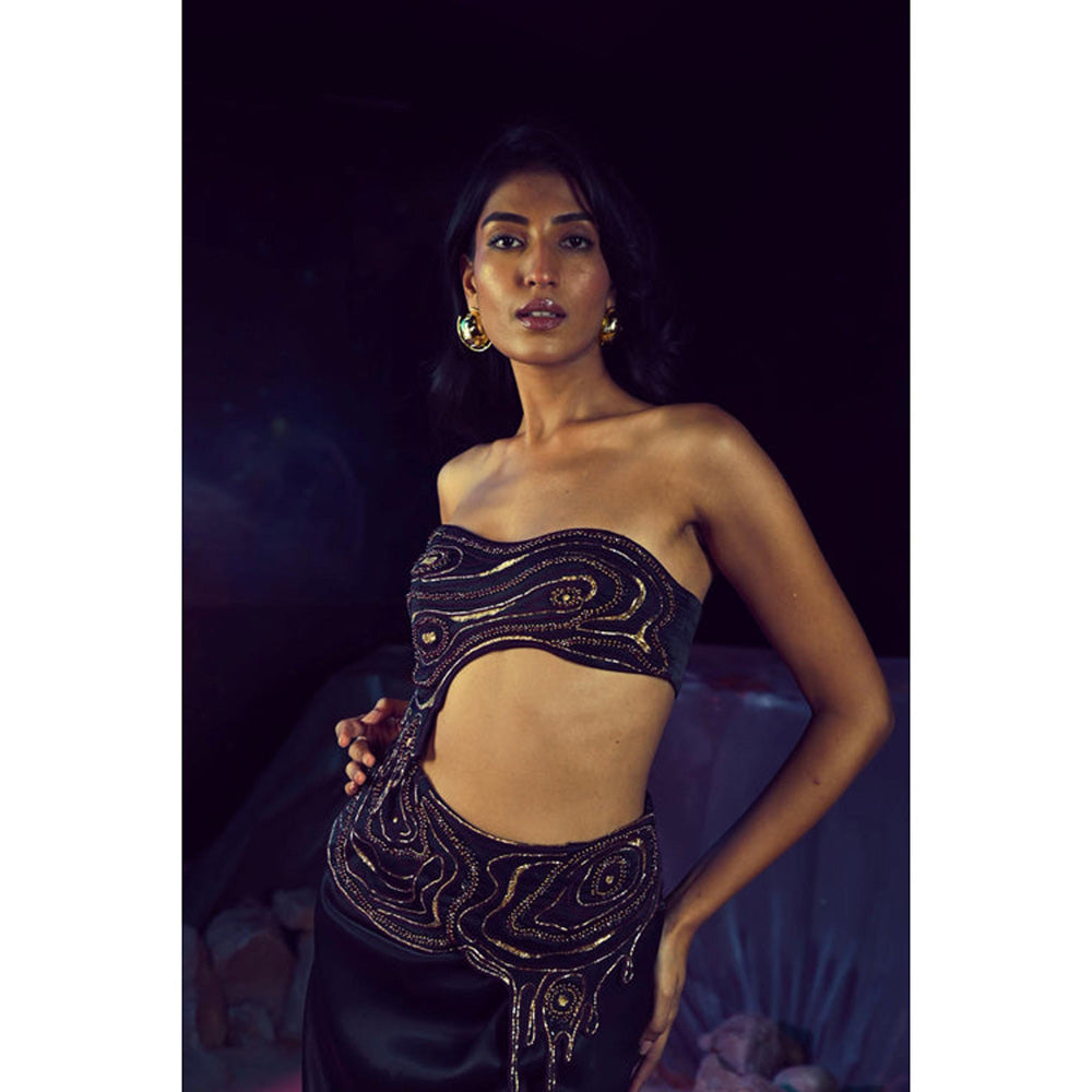Baise Gaba Black Satin Embellished/Sequined Off Shoulder Sleeveless Blouse