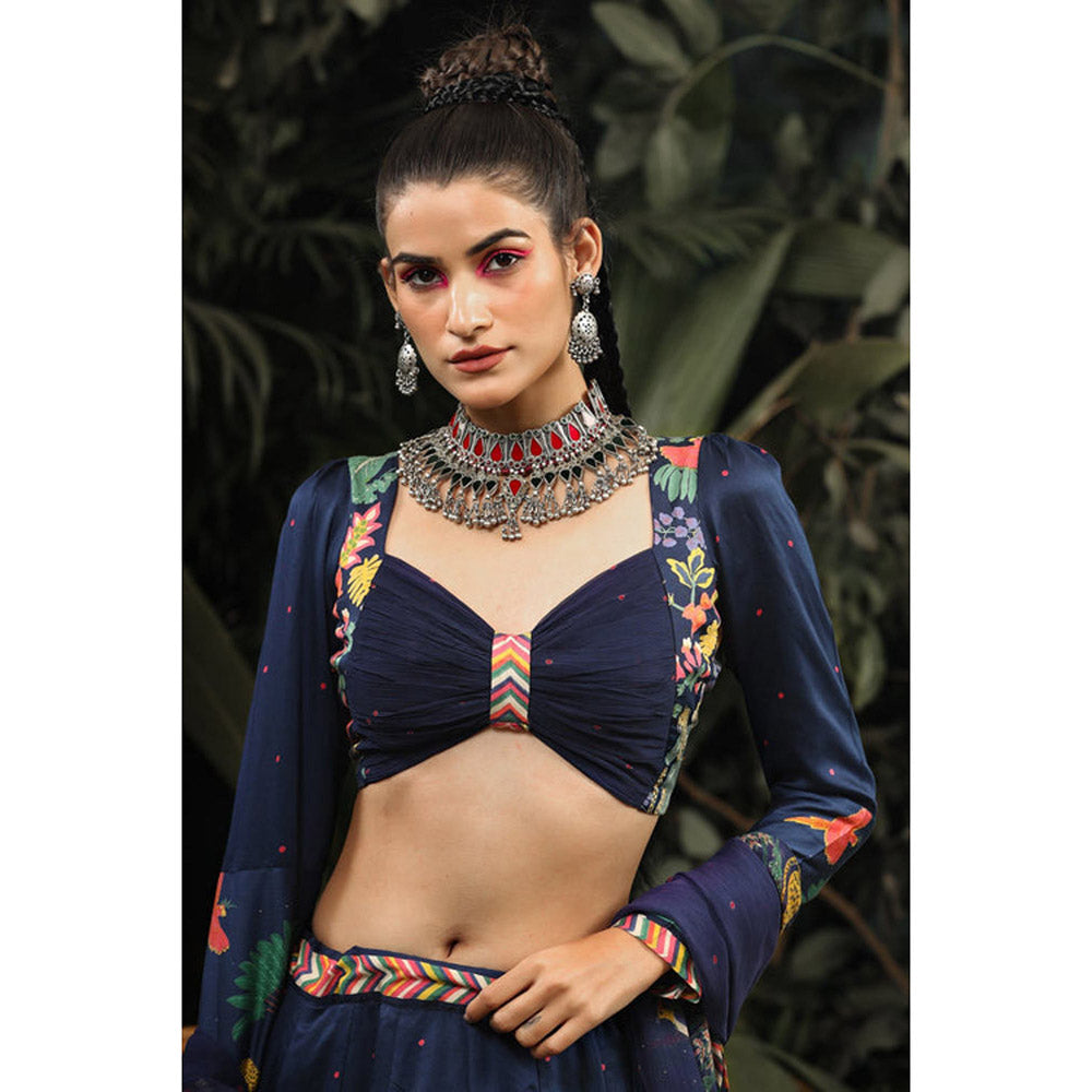 Baise Gaba Navy Blue Satin Floral Sweetheart Full Sleeves Blouse