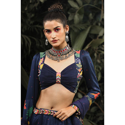 Baise Gaba Navy Blue Satin Floral Sweetheart Full Sleeves Blouse
