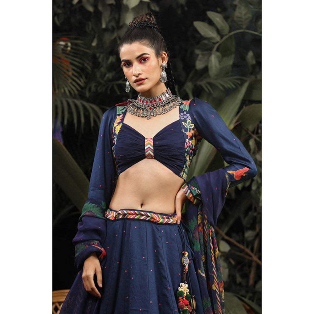 Baise Gaba Navy Blue Satin Floral Sweetheart Full Sleeves Blouse