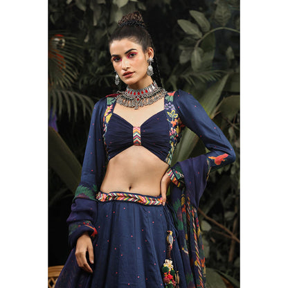 Baise Gaba Navy Blue Satin Floral Sweetheart Full Sleeves Blouse