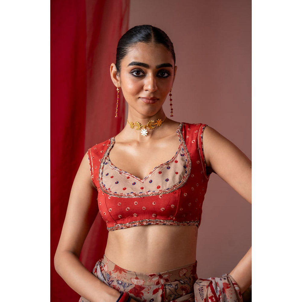 Baise Gaba Red Muslin Printed Sweetheart Sleeveless Blouse
