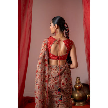 Baise Gaba Red Muslin Printed Sweetheart Sleeveless Blouse