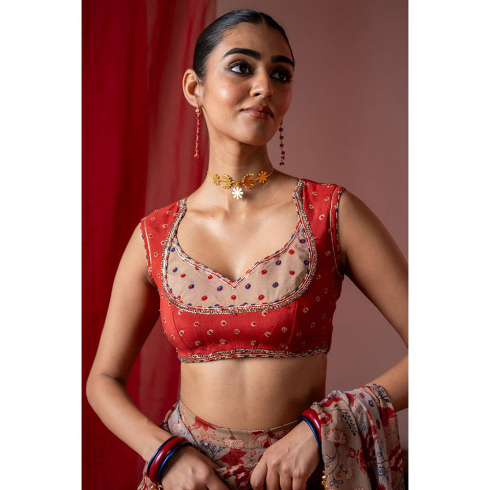 Baise Gaba Red Muslin Printed Sweetheart Sleeveless Blouse