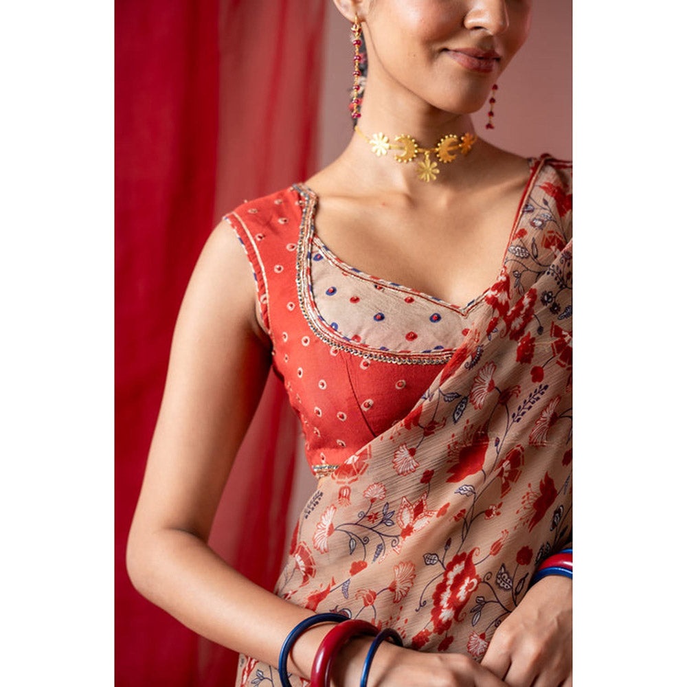 Baise Gaba Red Muslin Printed Sweetheart Sleeveless Blouse