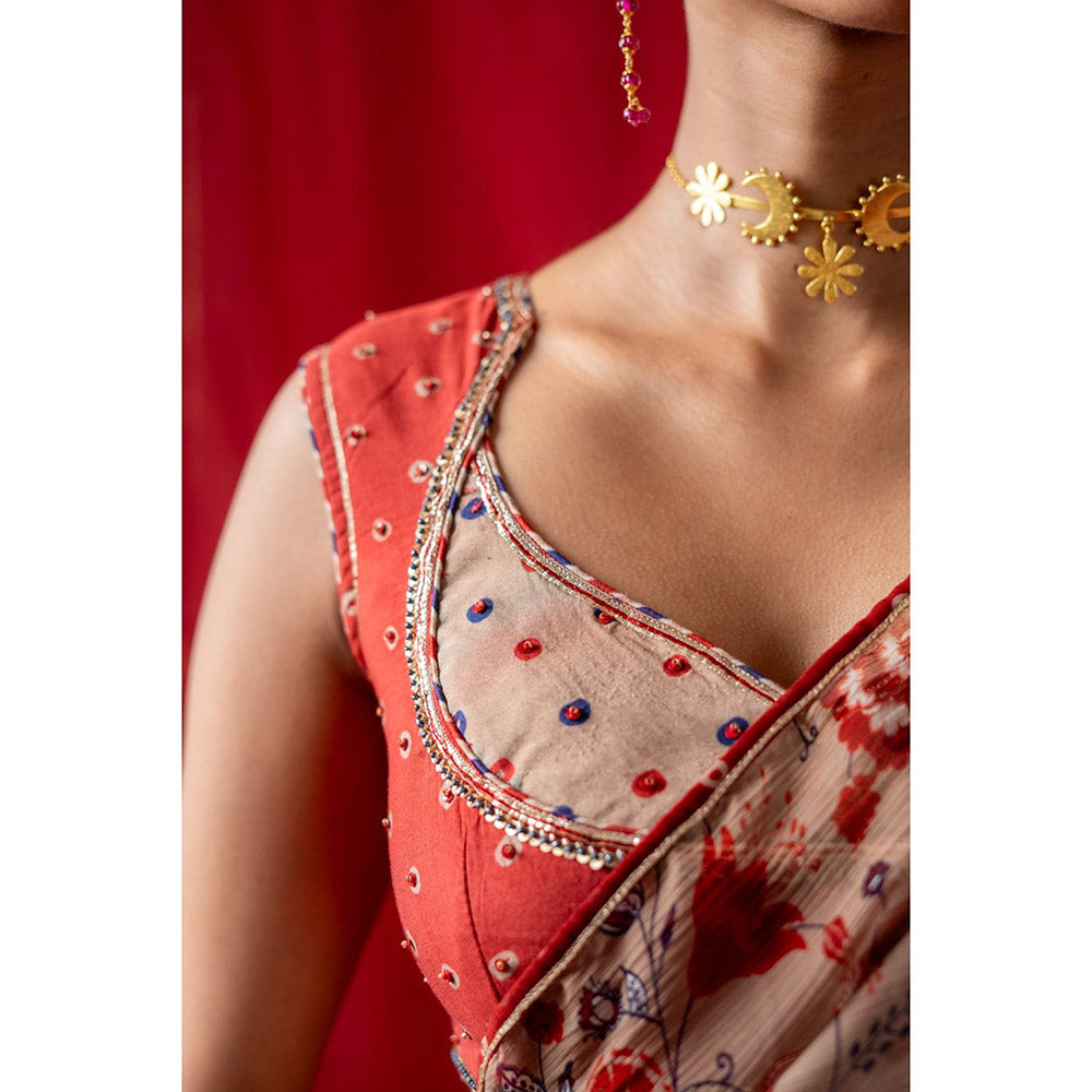 Baise Gaba Red Muslin Printed Sweetheart Sleeveless Blouse
