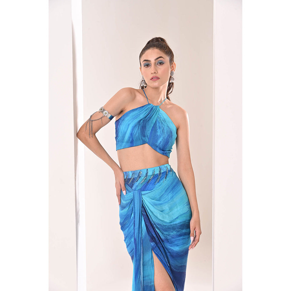 Bani Khurana Blue Printed Drape Skirt with Top (Set of 2)