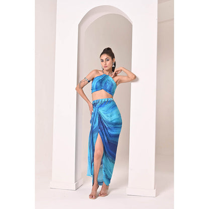 Bani Khurana Blue Printed Drape Skirt with Top (Set of 2)