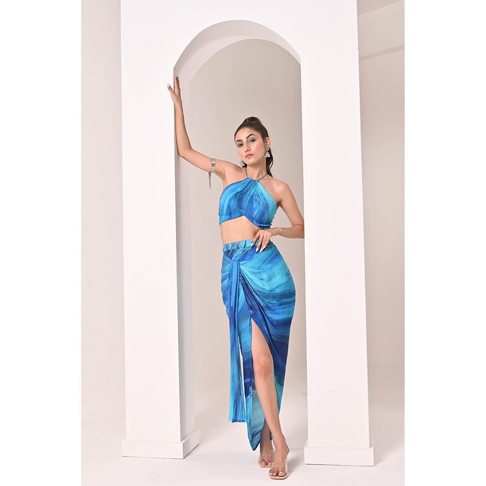 Bani Khurana Blue Printed Drape Skirt with Top (Set of 2)