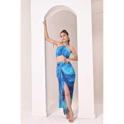 Bani Khurana Blue Printed Drape Skirt with Top (Set of 2)
