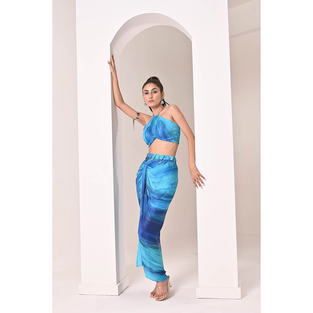 Bani Khurana Blue Printed Drape Skirt with Top (Set of 2)